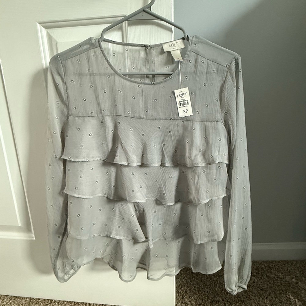 LOFT Sheer Gray Floral Ruffled Blouse NWT